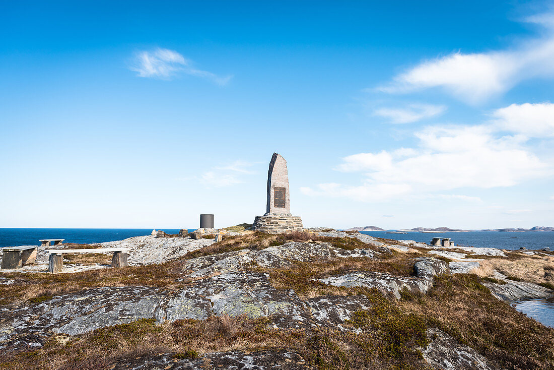 Memorial Sanct Svithun (Hurtigrute) on the island Nordöyan, fishing village, Folda, Namdalen, Trondelag, Norway