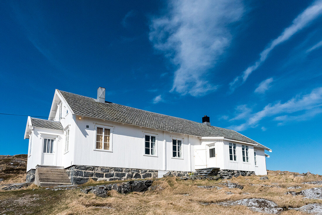 View of the fishing house of the island Nordöyan, fishing village, Folda, Namdalen, Trondelag, Norway