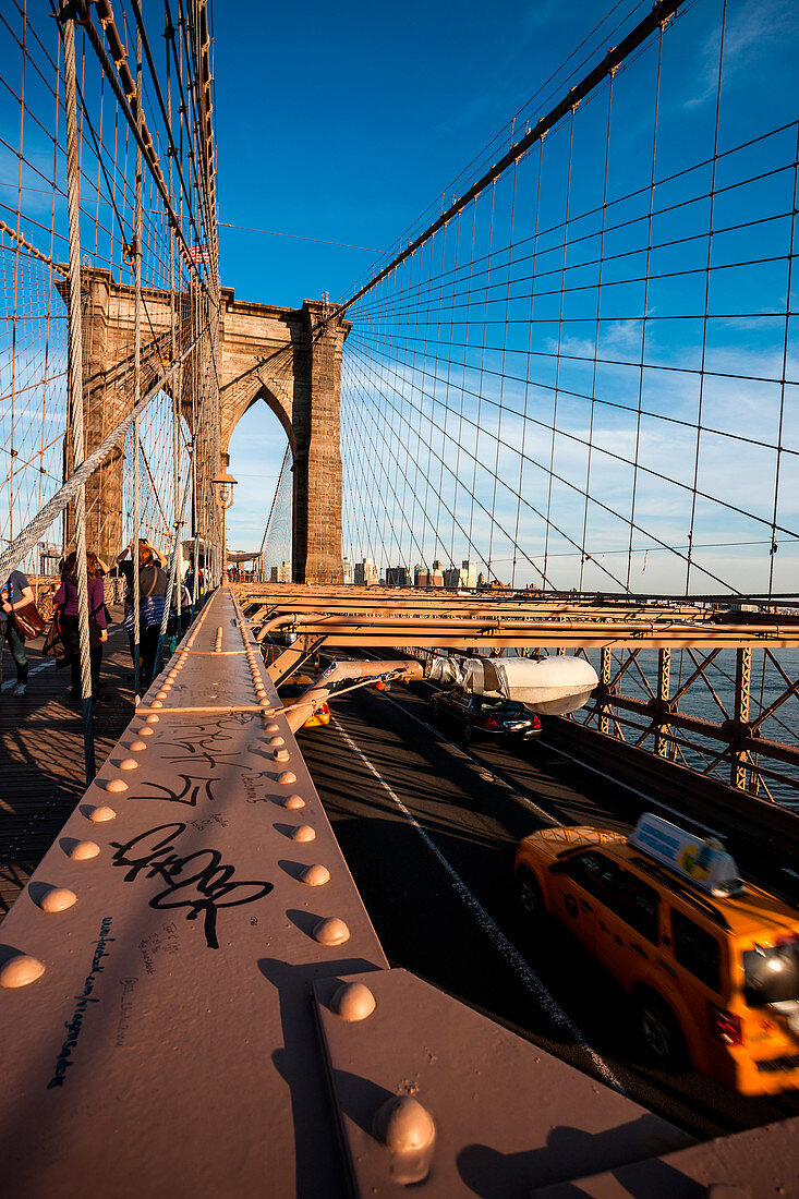 Brooklyn Bridge at sunset, New York City, Manhattan, USA, North America