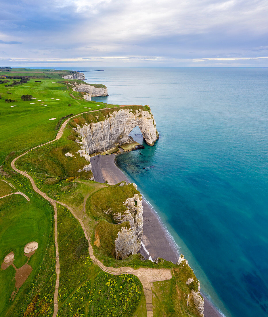 Aerial view of the cliffs of Etretat, Octeville sur Mer, Le Havre, Seine Maritime, Normandy, France, Western Europe.