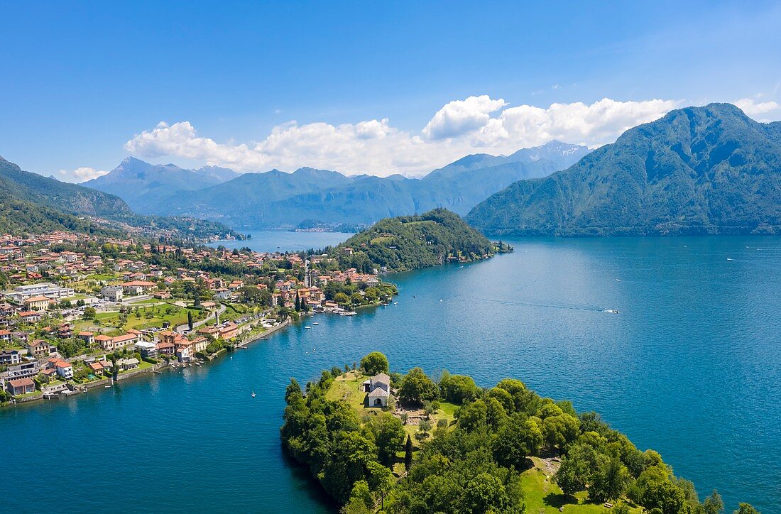 Luftaufnahme der Isola Comacina, Ossuccio, Tremezzina, Comer See, Lombardei, Italien