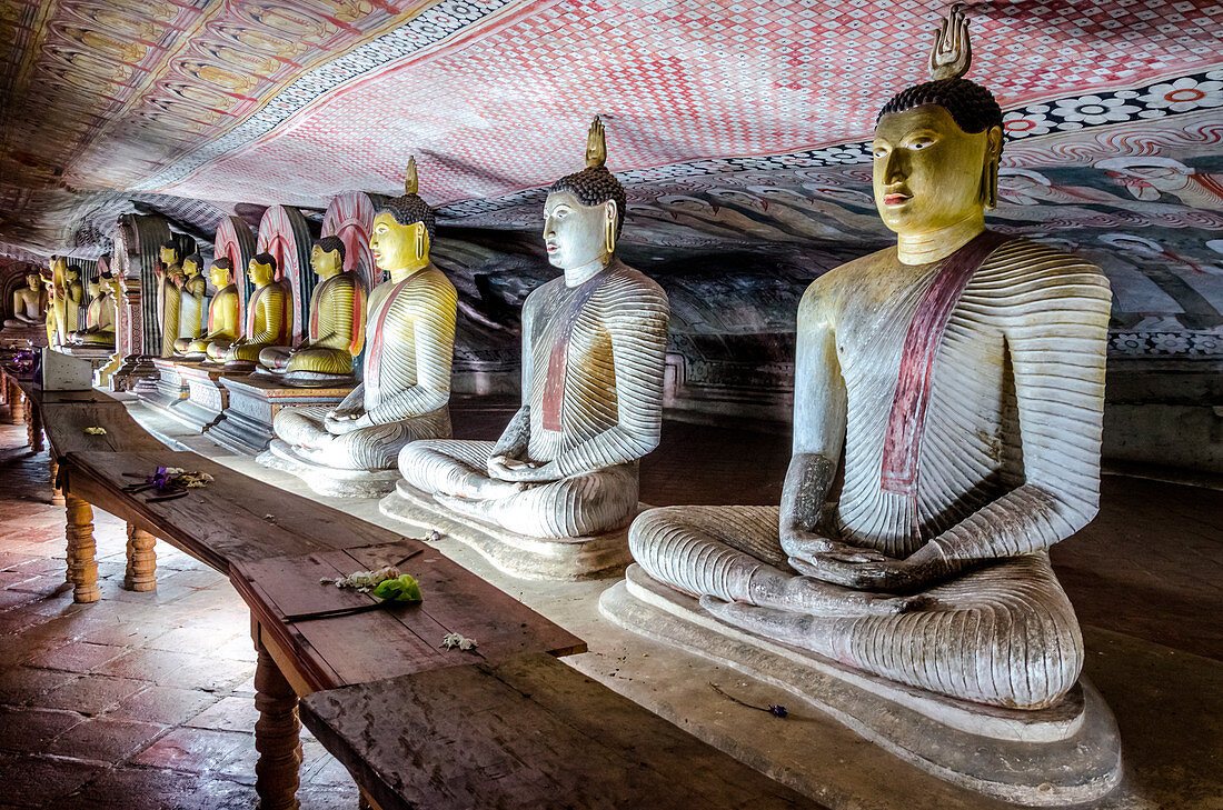 Dambulla, Matale, Central Province, Sri Lanka, Southern Asia. A Buddha Statue in the "Dambulla Cave Temple", also called "Dambulla Golden Temple. 