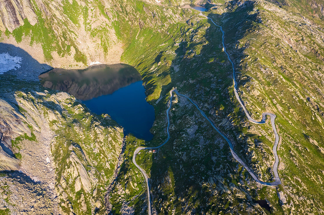 Aerial view of the lakes around Naret, in particular Lago Superiore and Lago Scuro in Lavizzara Valley at sunrise, Maggia Valley, Lepontine Alps, Canton Ticino, Switzerland.