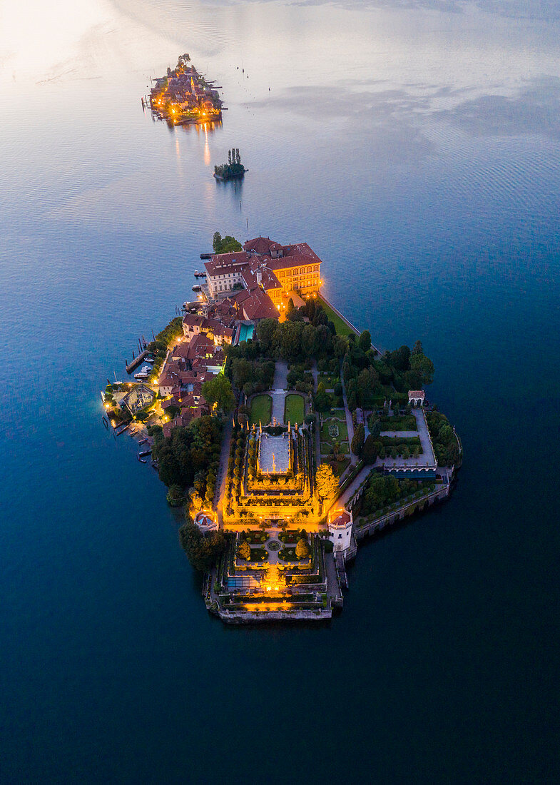 Aerial view of Isola Bella and Isola dei Pescatori during a summer sunset. Stresa, Lago Maggiore, Piedmont, Italy.