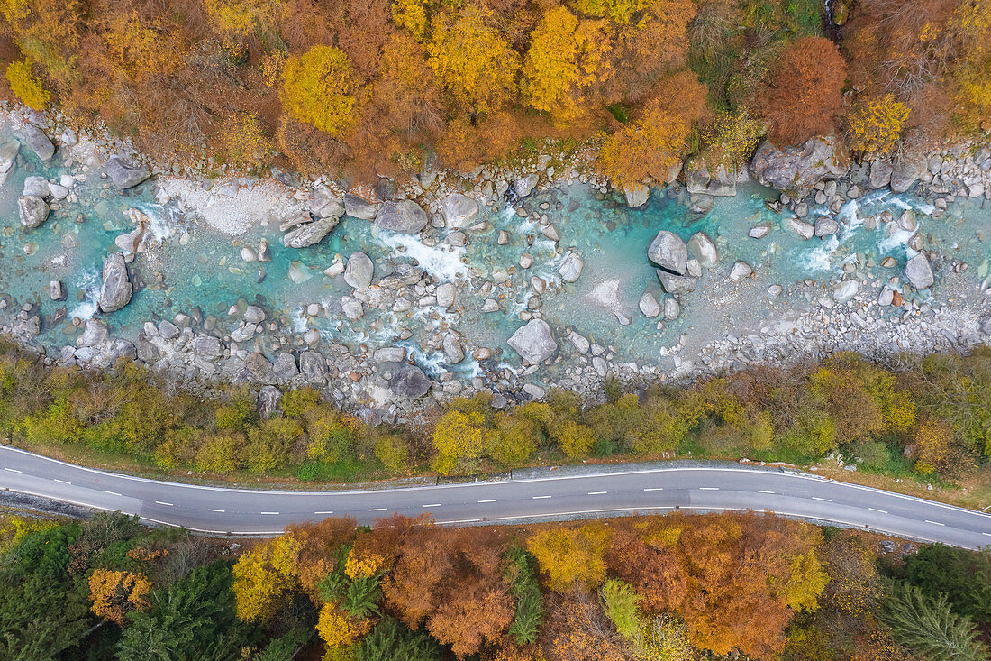 Aerial view of the river Verzasca during foliage time in autumn, near the town of Lavertezzo. Valle Verzasca, Canton Ticino, Switzerland.