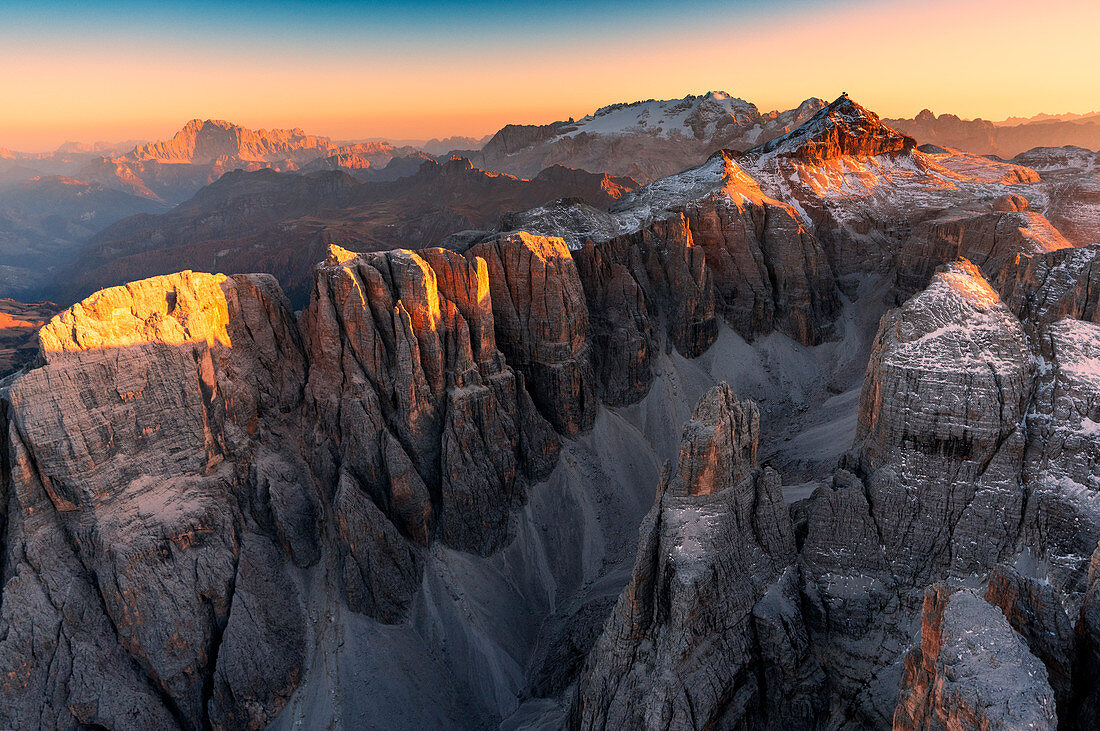 Aerial view of Val del Mesdì at sunset, Dolomites, Trentino Alto Adige, Italy
