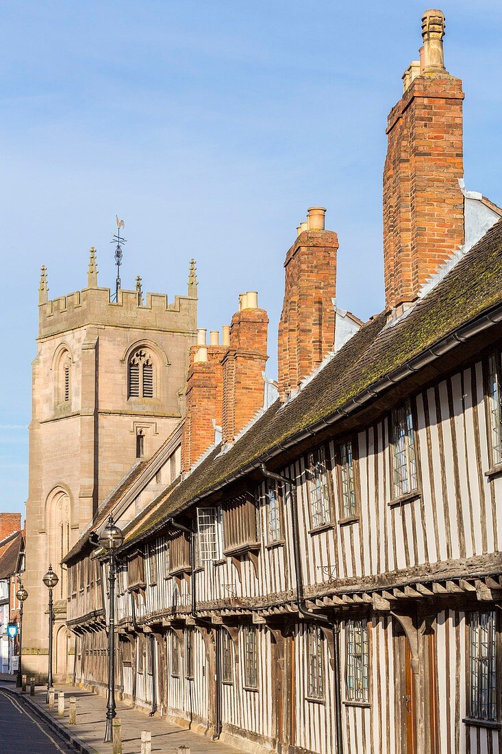 Vereinigtes Königreich, Warwickshire, Stratford-upon-Avon, Chapel Street, Guild Cottages, aus den von der Guild of the Holy Cross errichteten Häusern aus dem 15. Jahrhundert und den Verdiensten der Guild Chapel (15. Jahrhundert)