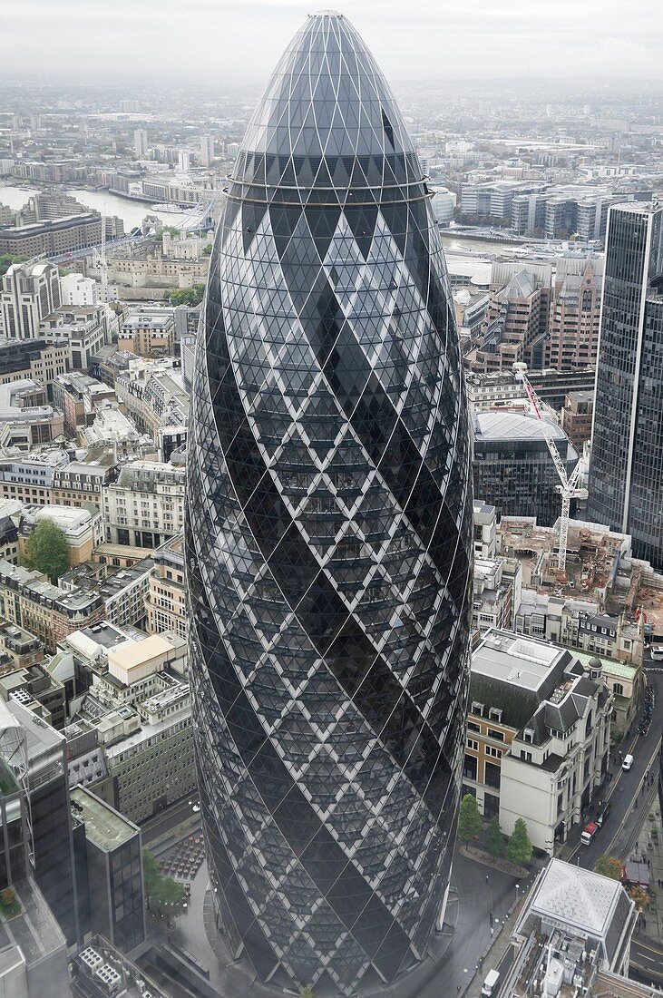 United Kingdom, London, the City, view of St Mary Axe building from Heron Tower top