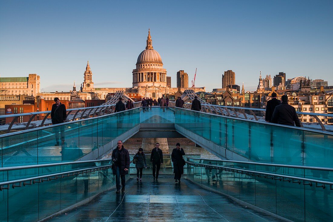 England, London, Southbank, Millenium Bridge and St Paul's Cathedral, dawn