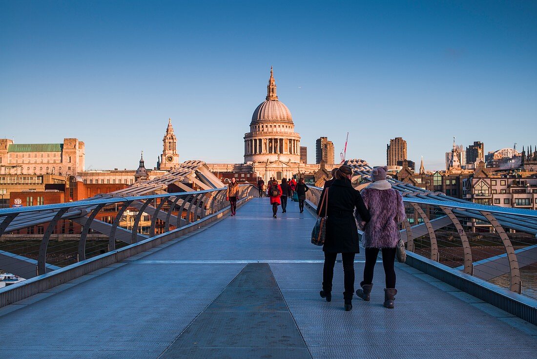 England, London, Southbank, Millenium Bridge and St Paul's Cathedral, dawn