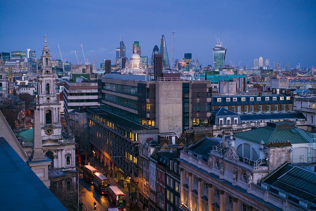 England, London, The Strand, elevated city view towards Southbank, dusk