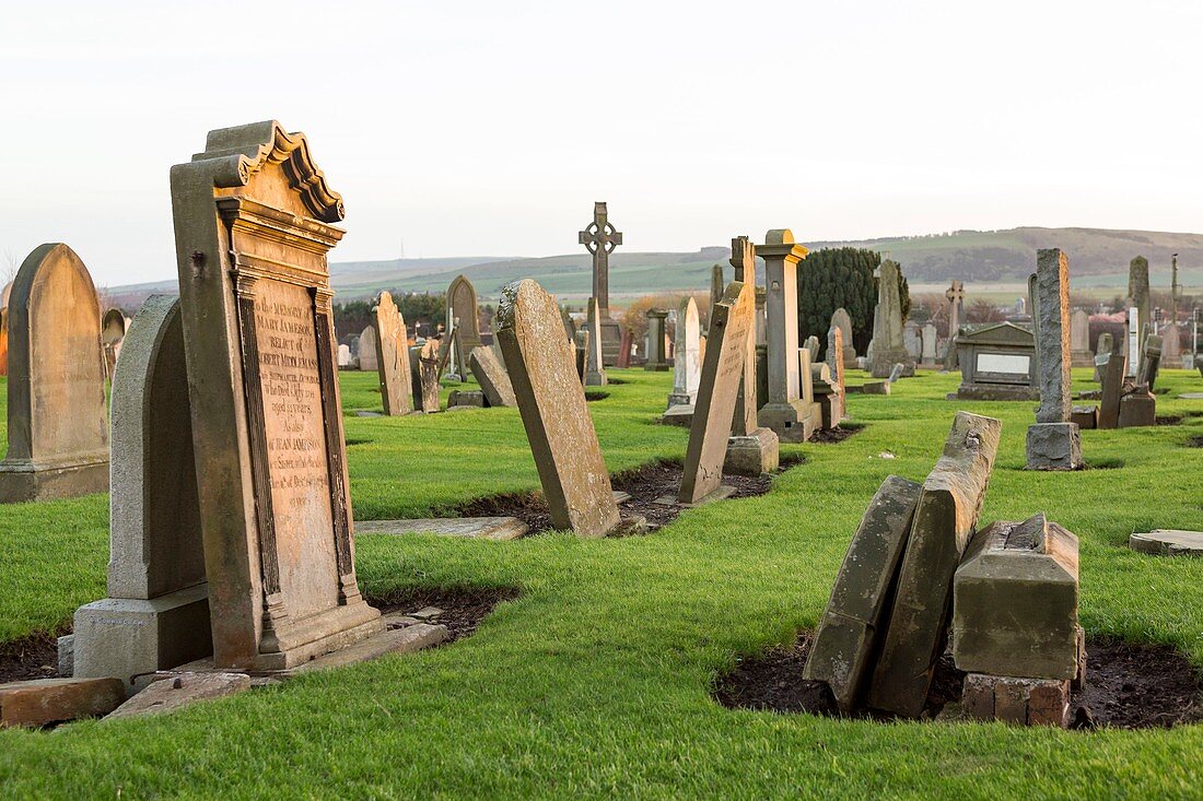 United Kingdom, Scotland, East Lothian, graves and celtic crosses in the Dunbar Parish Church's cemetery