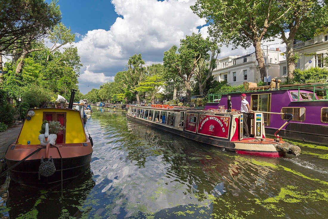 United Kingdom, London, Paddington district, Little Venice at the junction of the Grand Union Canal and Regent's Canal, barges