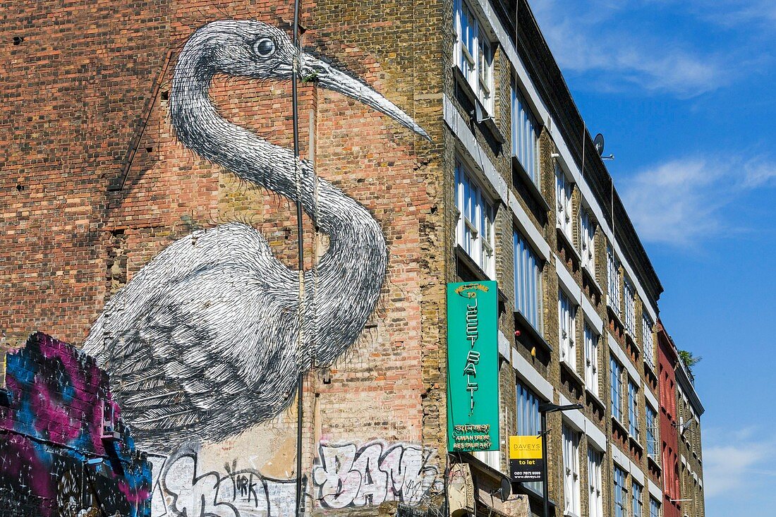 United Kingdom, London, Whitechapel / Brick Lane district, Brick Lane, the mural Crane painted by the Belgian artist Peter Roa