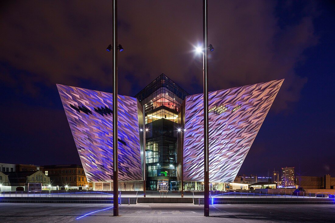 United Kingdom, Northern Ireland, Belfast, Belfast Docklands, Titanic Belfast Museum, exterior, dusk