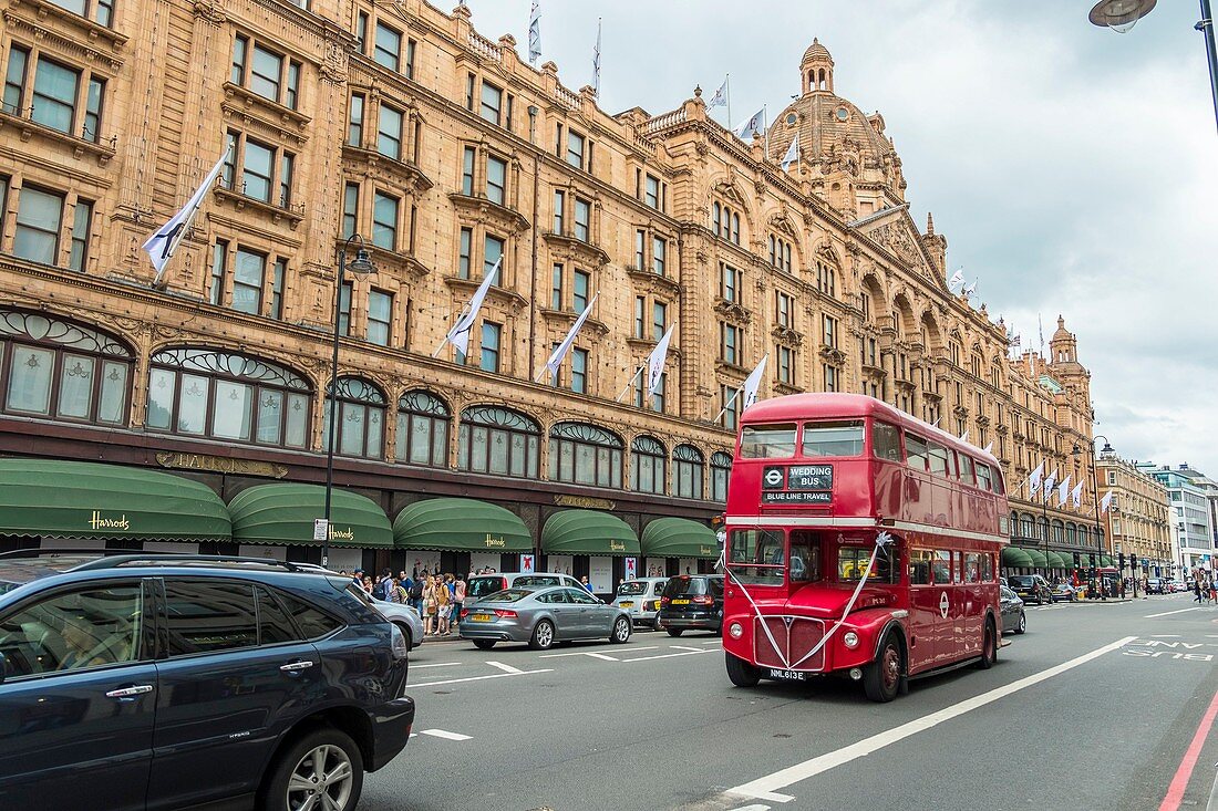 United Kingdom, London, Harrods department store and double-decker bus