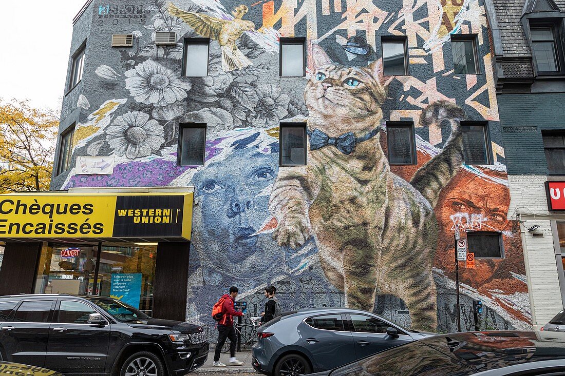 Western Union Bank und Wandbilder, Rue Sainte Catherine, Montreal, Quebec, Kanada