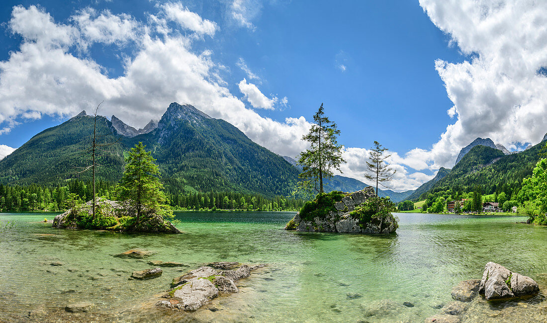 Panorama vom Hintersee mit Hochkalter, Hintersee, Berchtesgadener Alpen, Berchtesgaden, Nationalpark Berchtesgaden, Oberbayern, Bayern, Deutschland