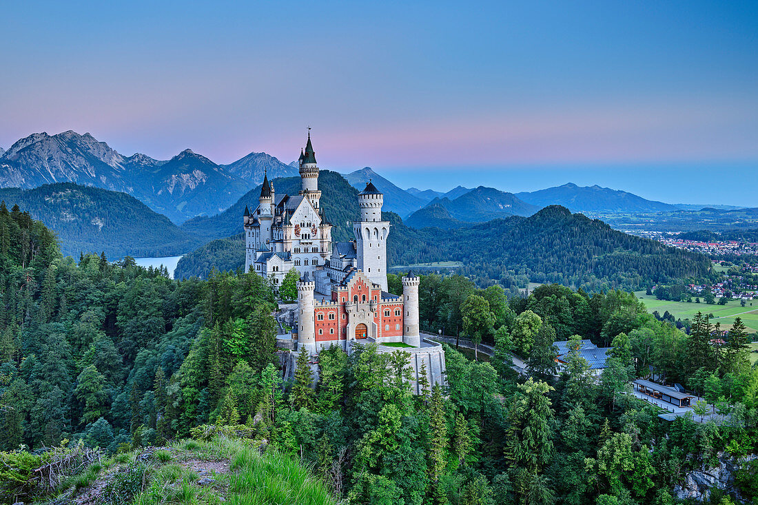  Schloss Neuschwanstein zur blauen Stunde vor Tannheimer Bergen, Neuschwanstein, Ammergebirge, Ammergauer Alpen, Schwaben, Bayern, Deutschland