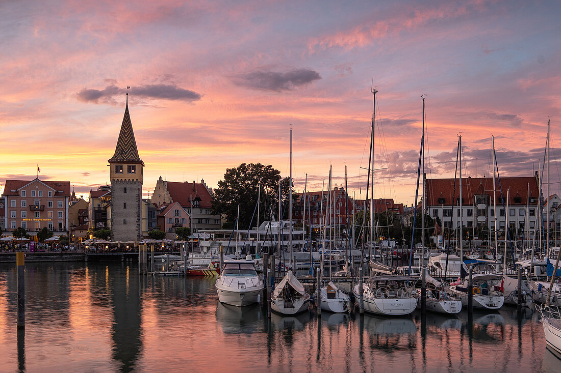 View of the port of Lindau with the Mangturm in the background, Bavaria, Germany, Europe