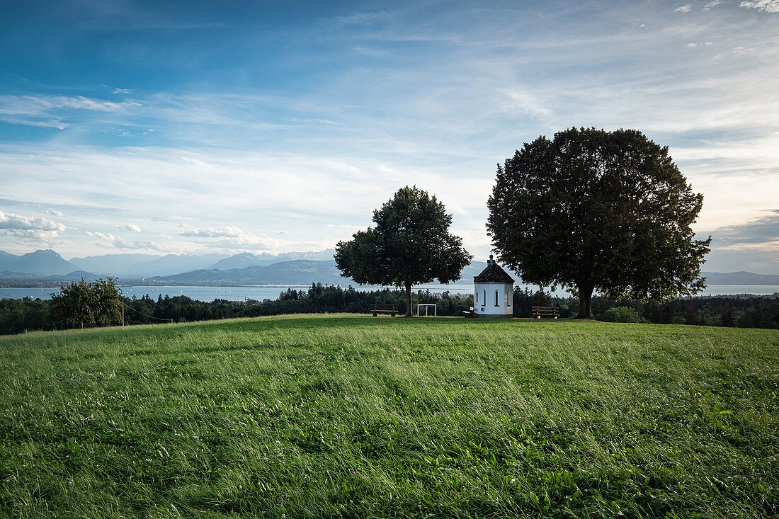 View from chapel near Lindau on Lake Constance and Appenzell Alps with Säntis, Lindau, Lake Constance, Bavaria, Germany
