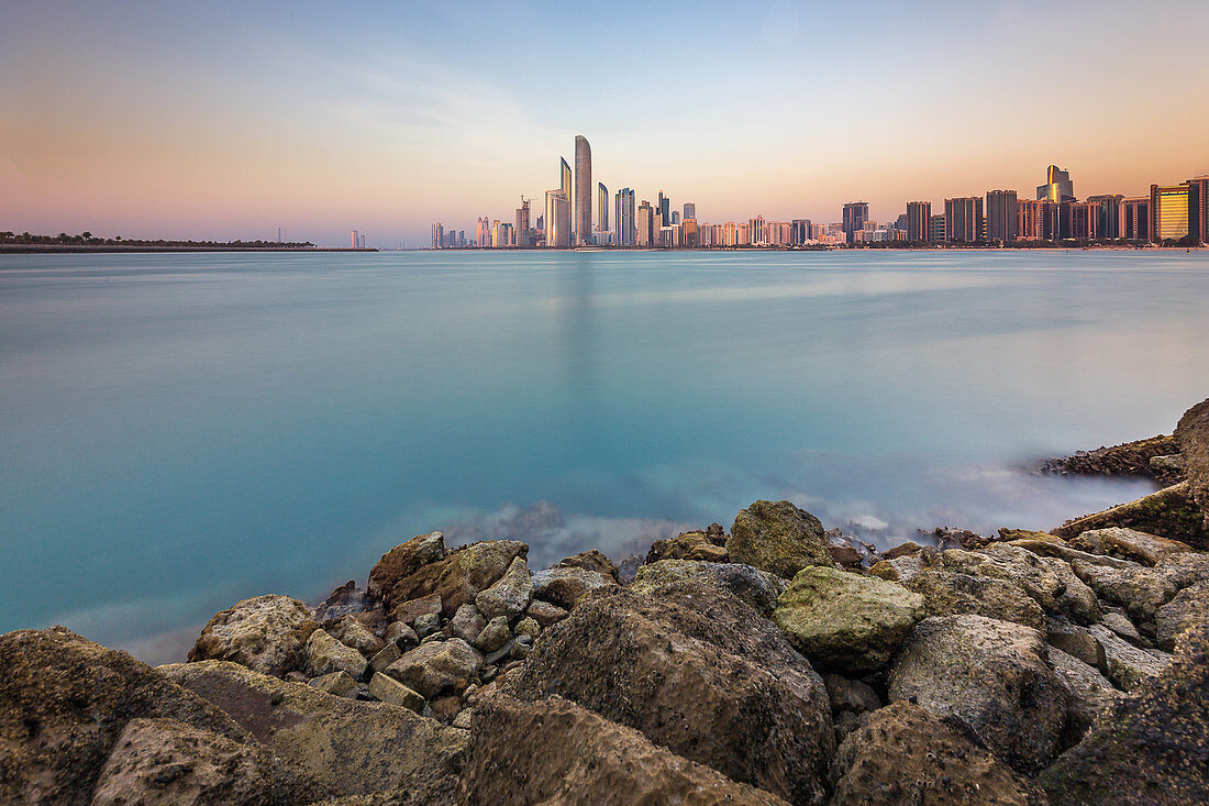 Sunset view of the Abu Dhabi skyline, UAE