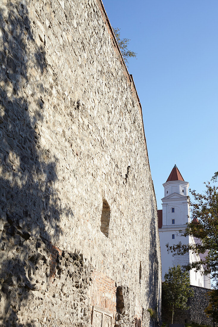Brickwork with tower of Bratislava Castle, Bratislava, Slovakia