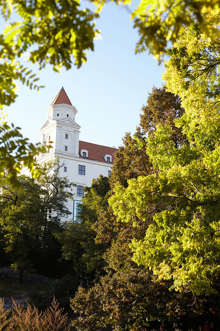 Bratislava Castle in the evening light as seen from the park, Bratislava, Slovakia.