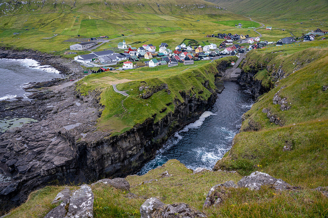 Natural harbor from the fishing village Gjógv with impressive landscape, Gjógv, Faroe Islands