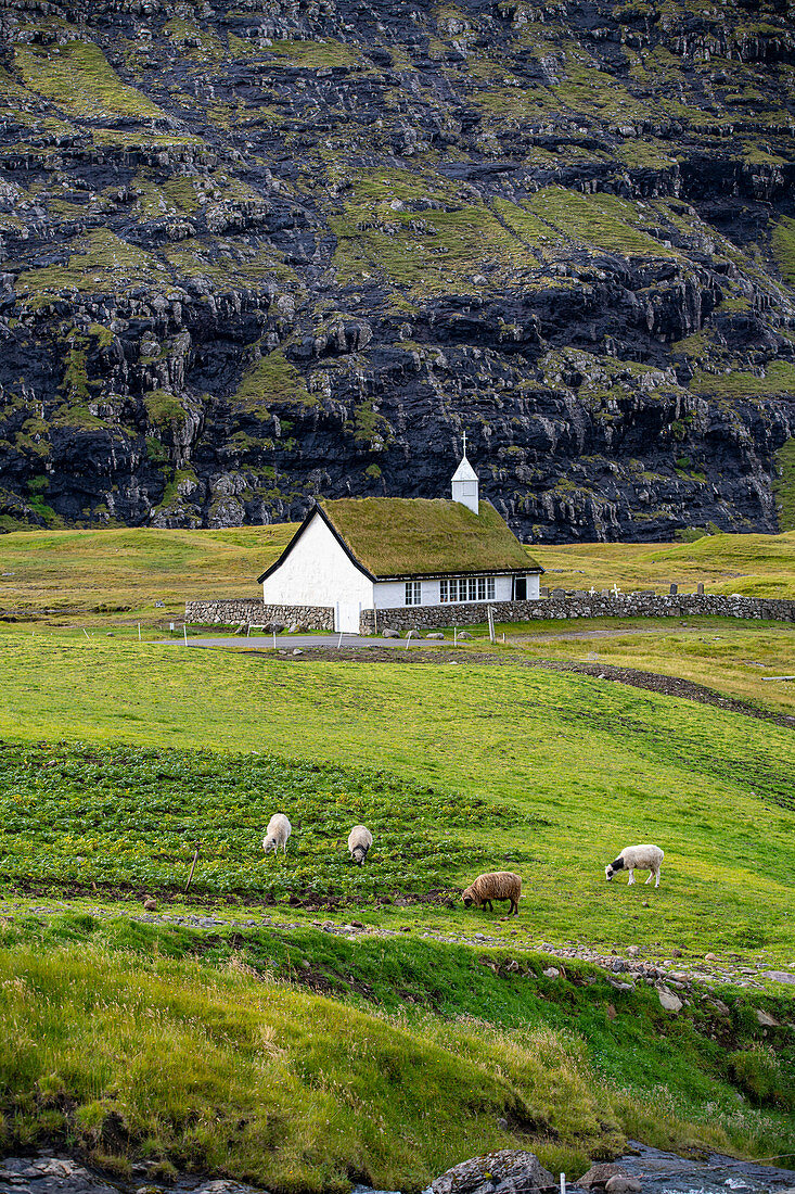 Church with a grass roof in one of the most beautiful places in the world, Saksun, Streymoy Island in the Faroe Islands.