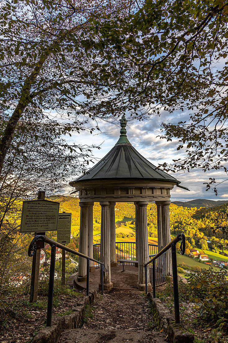 Entrance to the Prinz Rupprecht Pavilion in the evening light, Streitberg, Upper Franconia, Bavaria, Germany