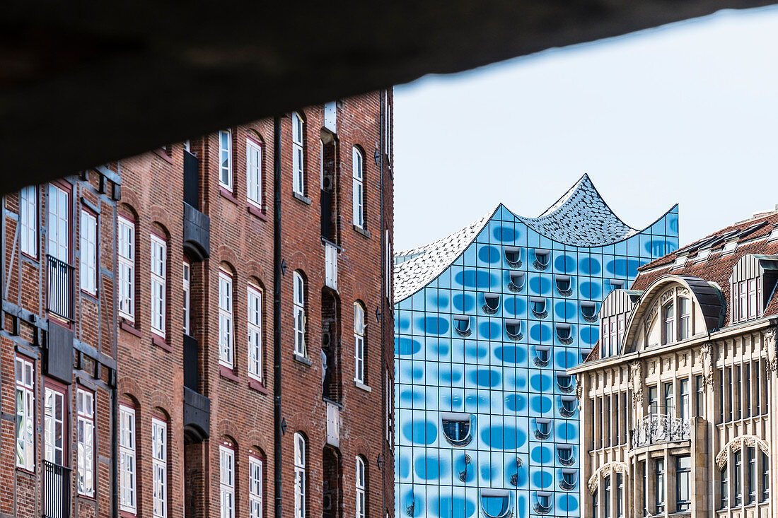 Die gläserne Fassade der Elbphilharmonie, eingerahmt von historischen Häusern der Deichstraße, Altstadt, Hafencity, Hamburg, Deutschland