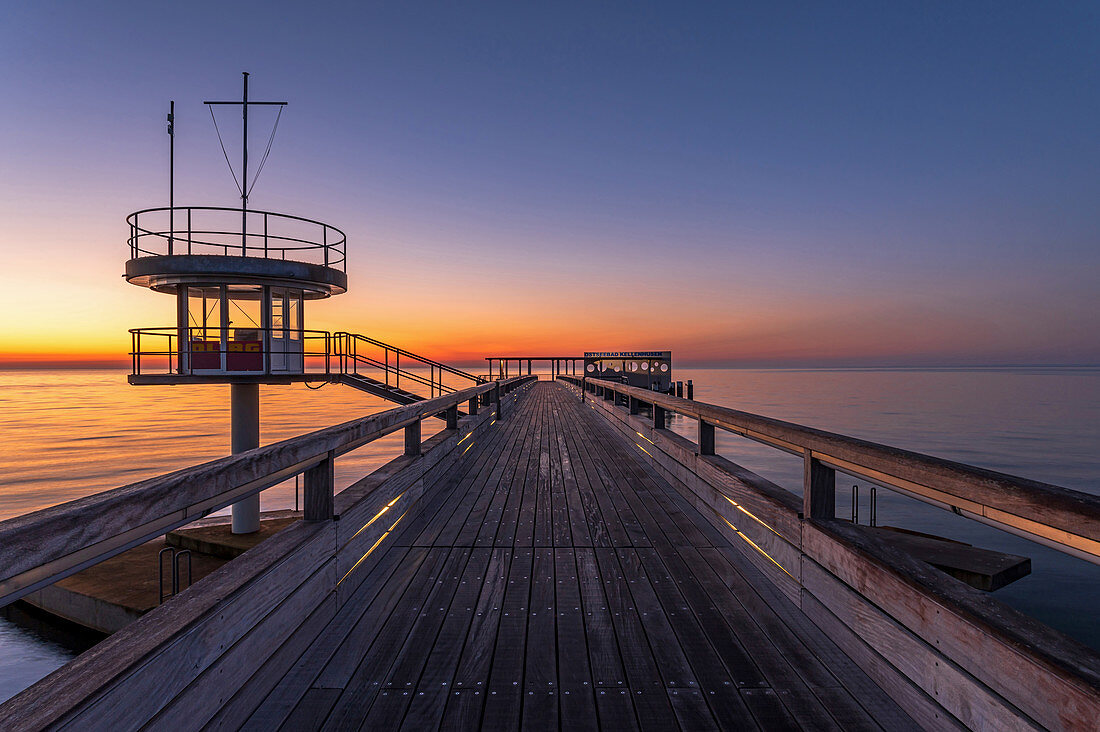 Sunrise on the pier in Kellenhusen in the morning, Baltic Sea, Ostholstein, Schleswig-Holstein, Germany