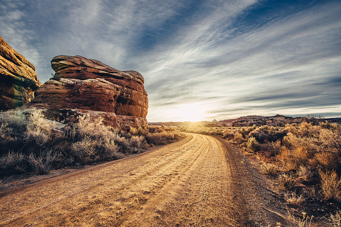 Straße bei Sonnenaufgang im im Canyonlands National Park, Utah, USA, Nordamerika