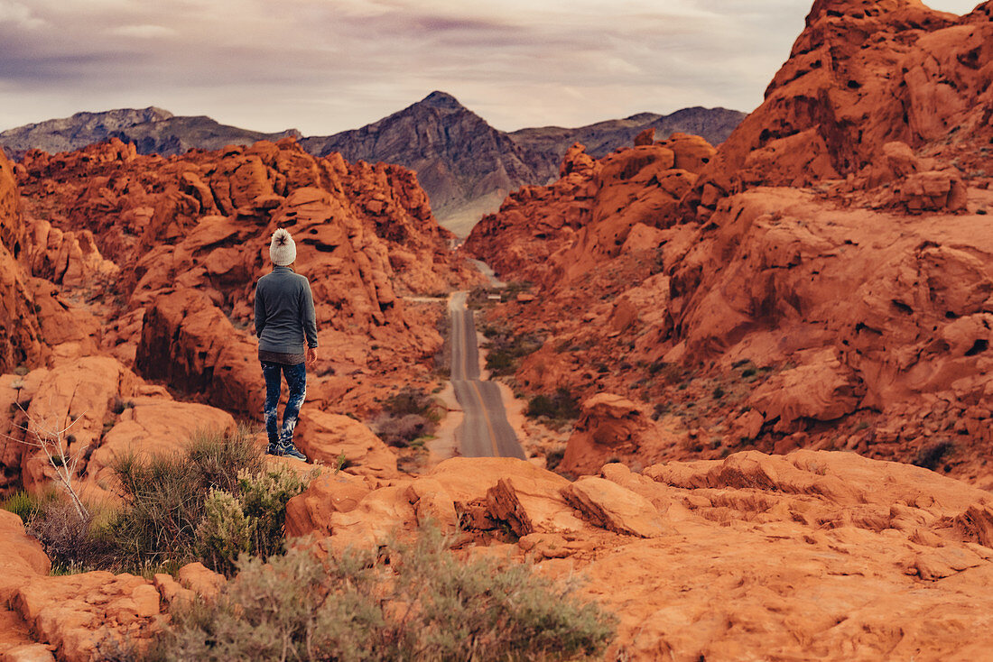 Woman stands in Valley of Fire State Park, Las Vegas, Nevada, USA, North America, America