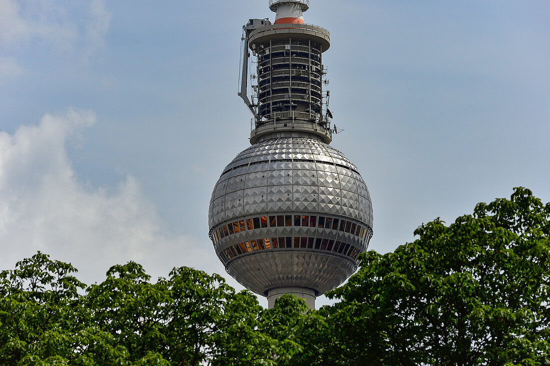 The dome of the television tower behind trees, Berlin