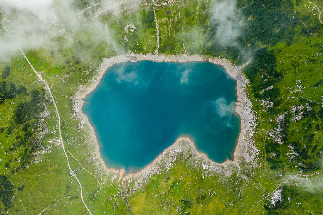 Aerial shot of lake Formarinsee, Vorarlberg region, Austria