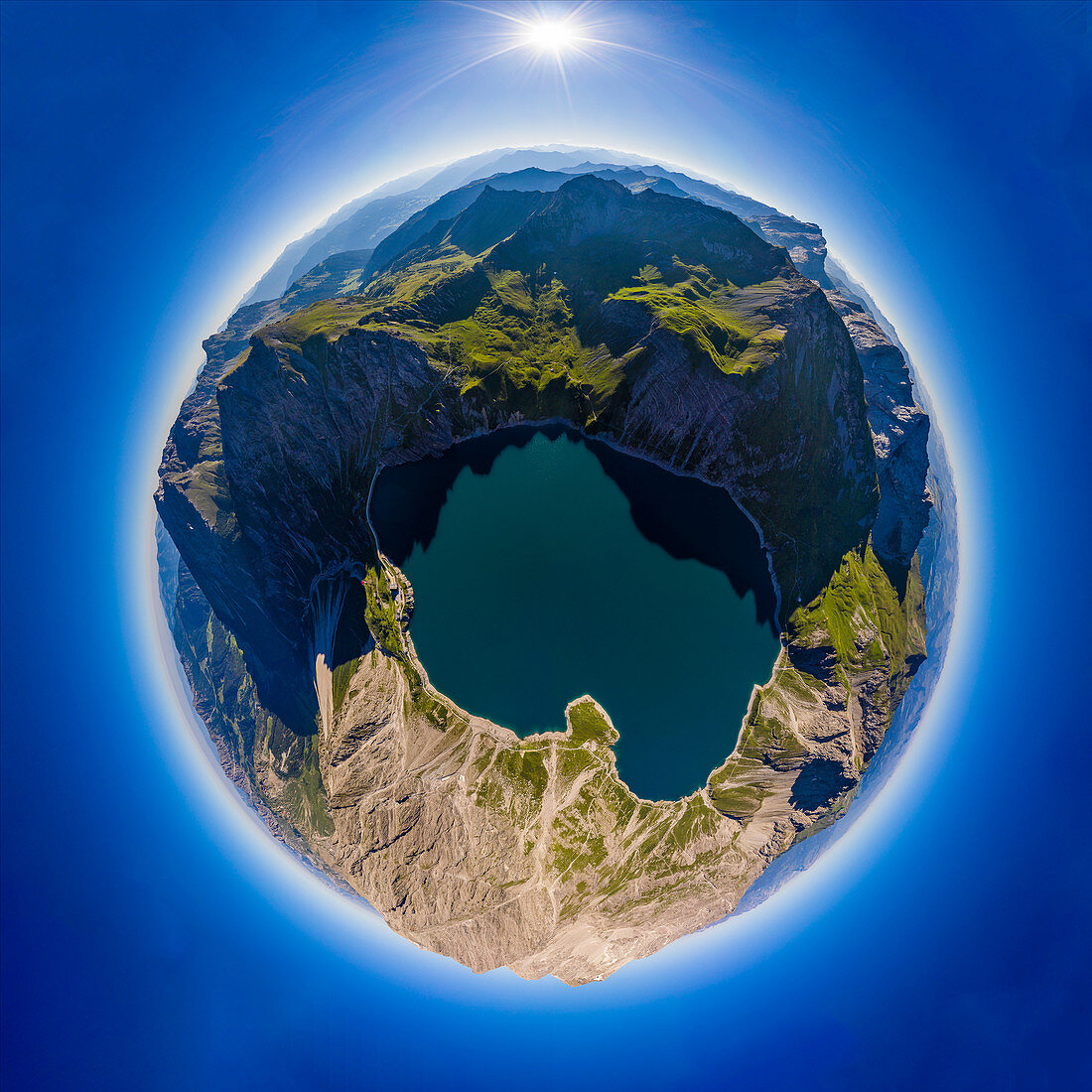 Little Planet postproduction of lake Lünersee, Brandnertal, Vorarlberg, Austria