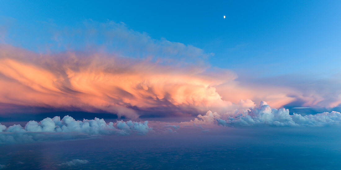 Aerial shot of a thunderstorm cloud at sunset, Bavaria, Germany