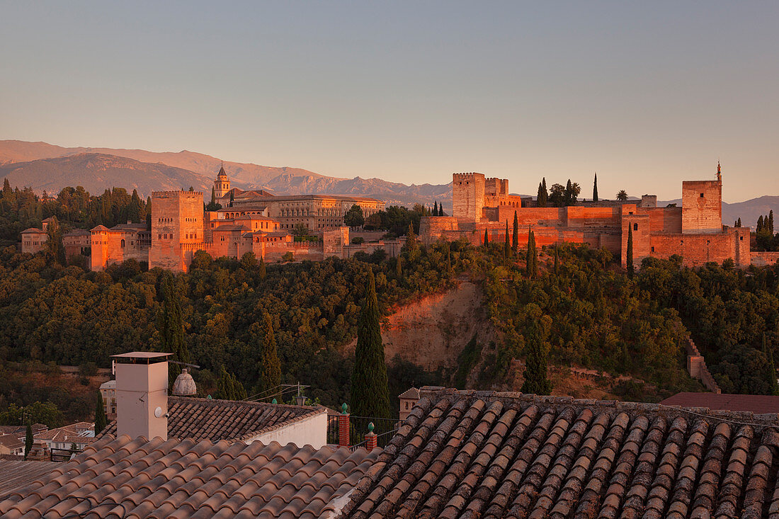 The Alhambra complex seen from Mirador de San Nicolas at sunset, Granada, province of Granada, Andalusia, Spain