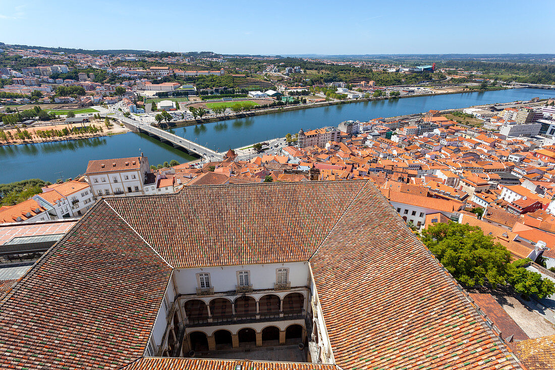 Overview of old town and Mondego river from the Tower of University, Coimbra, Coimbra district, Centro Region, Portugal.