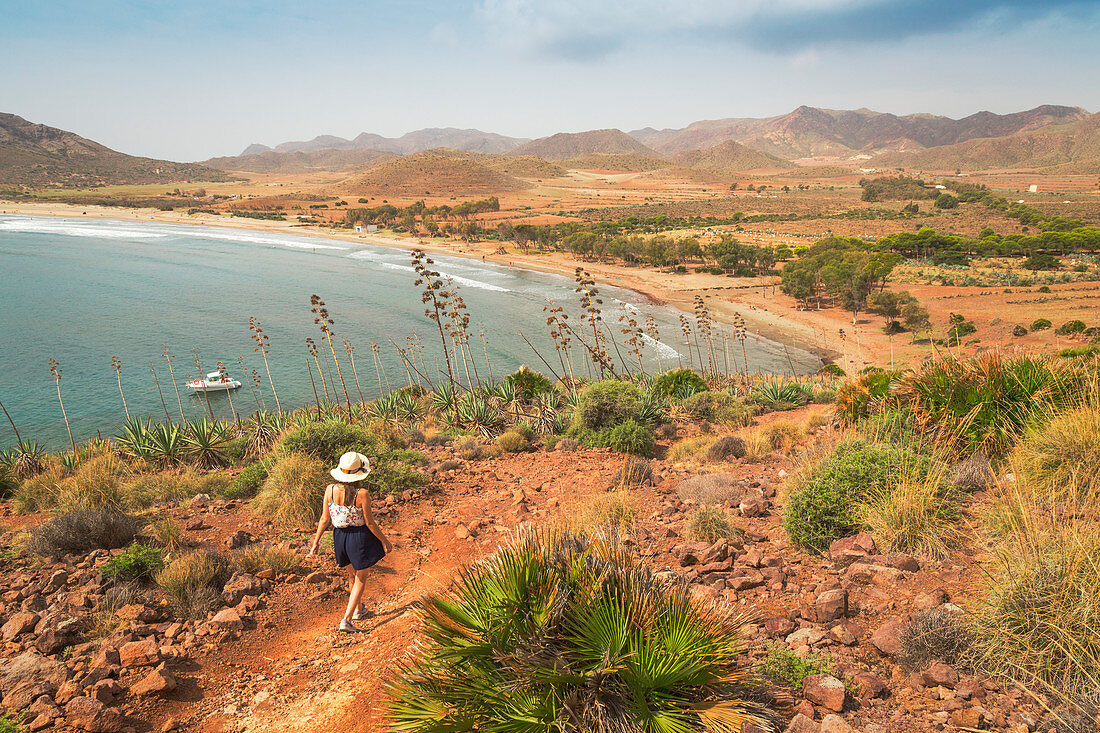 A Woman walks in Cabo de Gata National Park, Almeria Province, Region Andalucia, Spain, Europe 