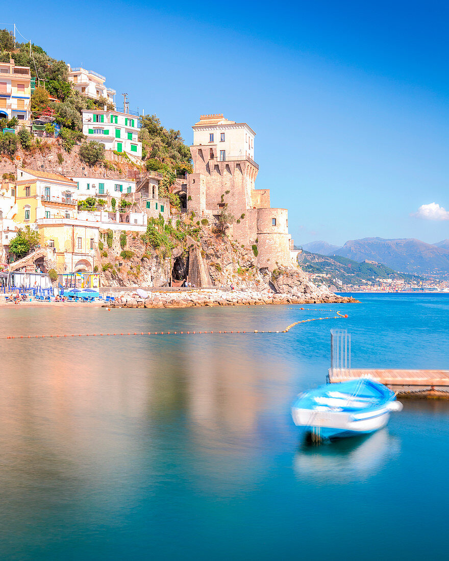 A waving boat in the fishing village of Cetara, Salerno province, Campania, Italy, Europe
