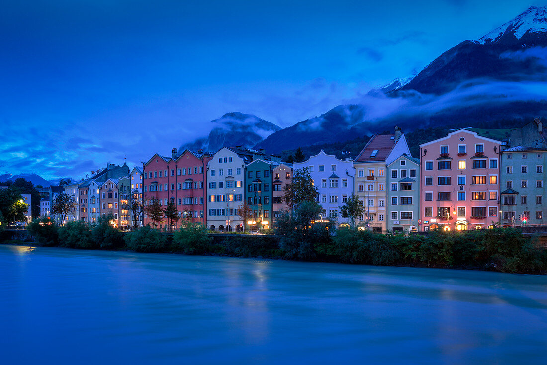 Mariahilf buildings seen from Innbruecke bridge, Innsbruck, Tyrol, Austria, Europe