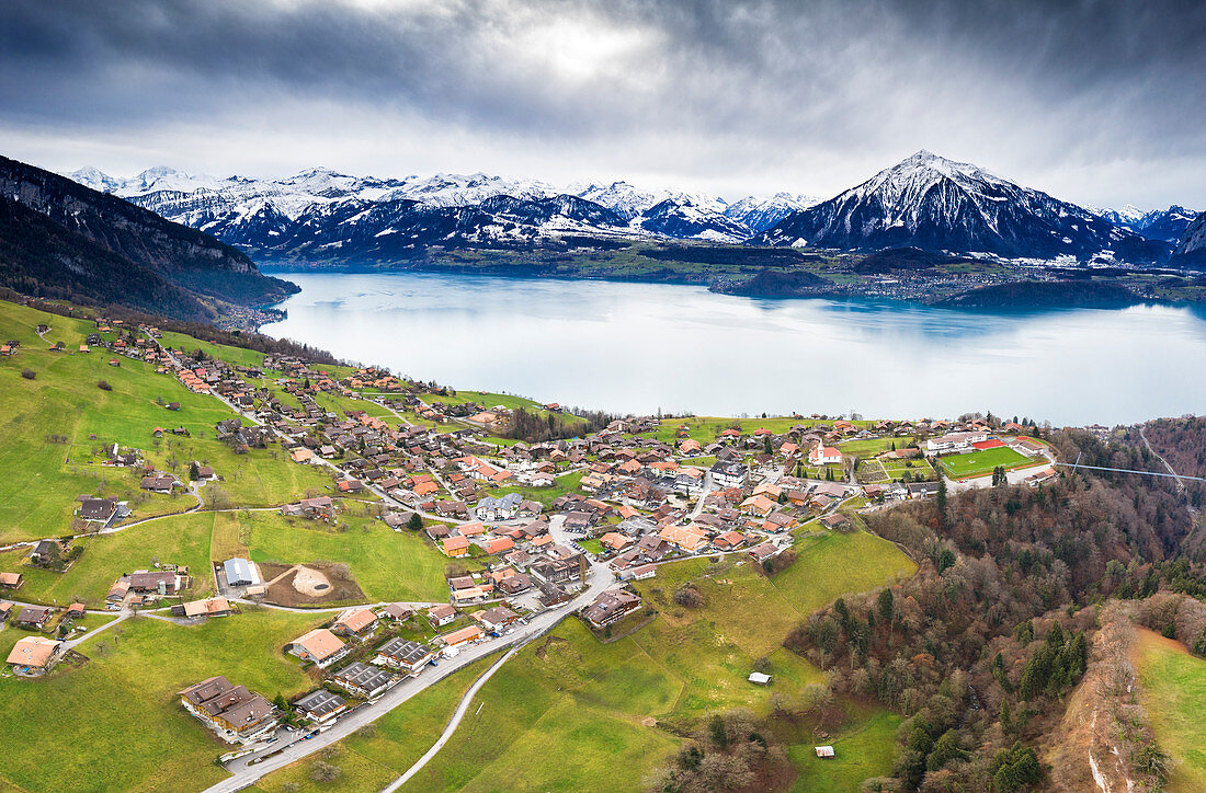 Aerial view of Sigriswil with Thun Lake, Canton of Bern, Switzerland, Europe.