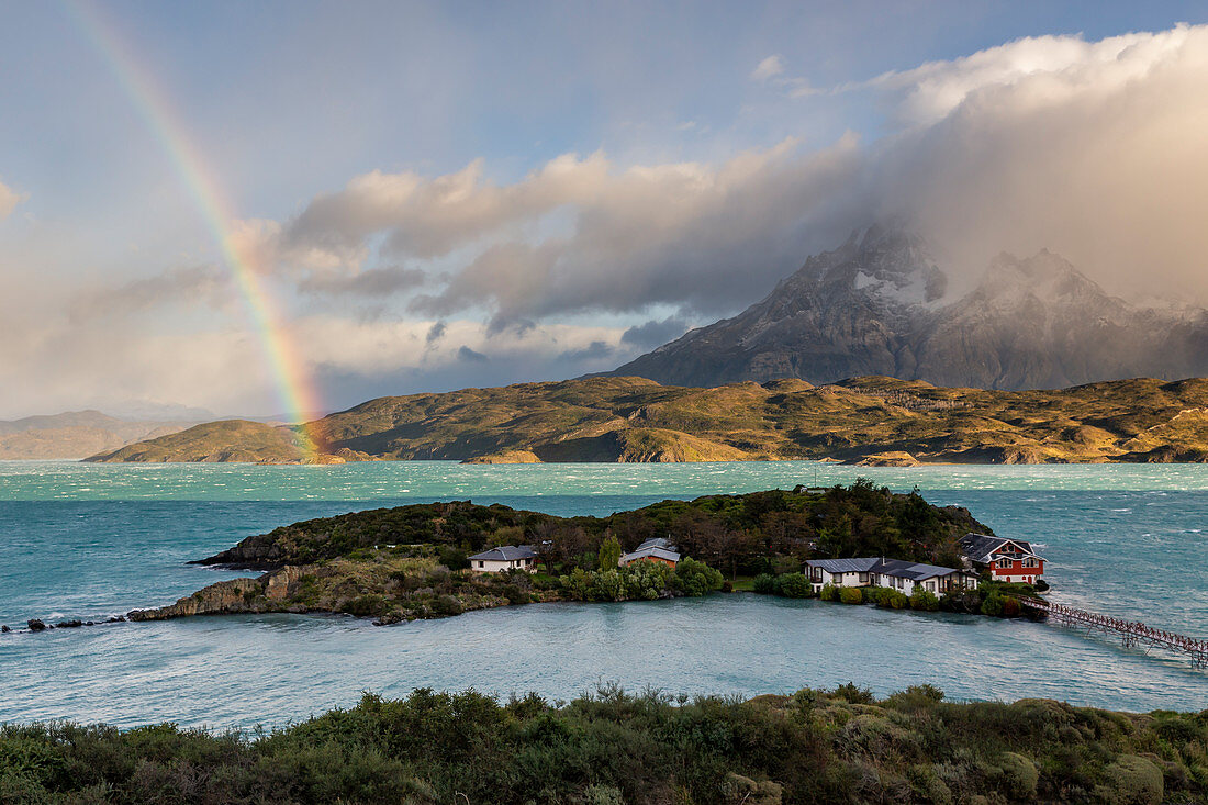 Chile,Patagonia,Magallanes and Chilean Antarctica Region,Ultima Esperanza Province,Torres del Paine National Park,rainbow on Lake Pehoé 