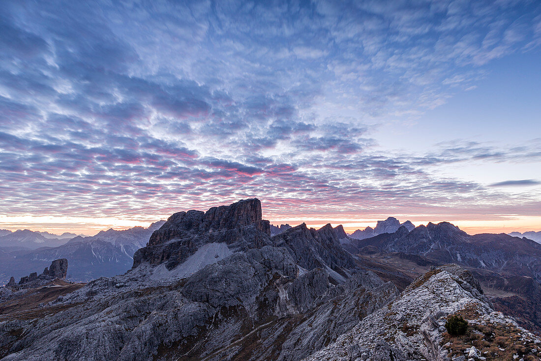 Italy,Veneto,Belluno district Cortina d'Ampezzo,mount Averau and Cinque Torri group at twilight