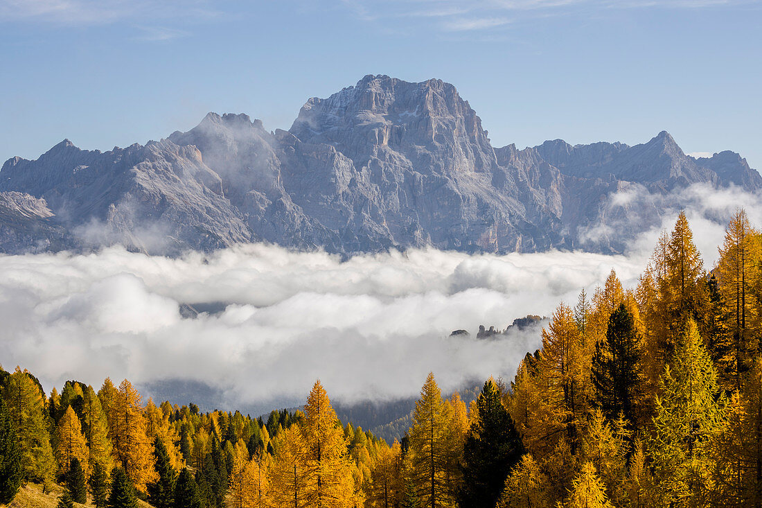 Italy,Veneto,Belluno district,the Boite valley covered by clouds with Mount Sorapis in the background