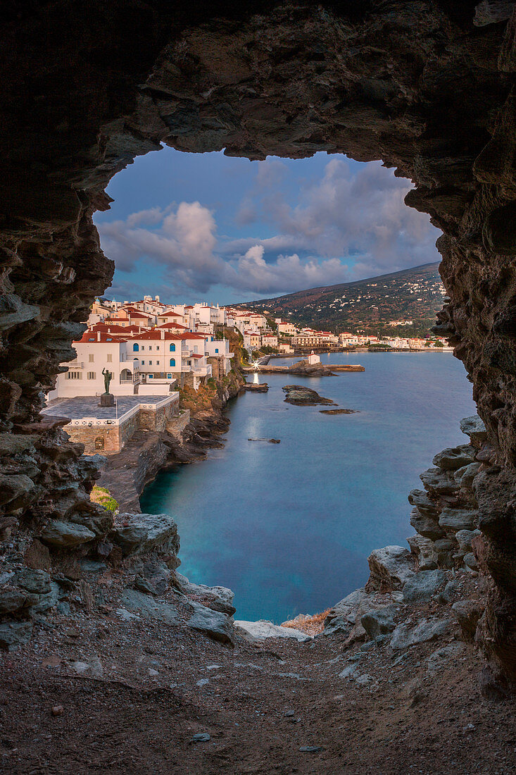 Andros village at sunrise viewed from an old ruined castle, Andros, Cyclades Archipelago, Greece, Europe