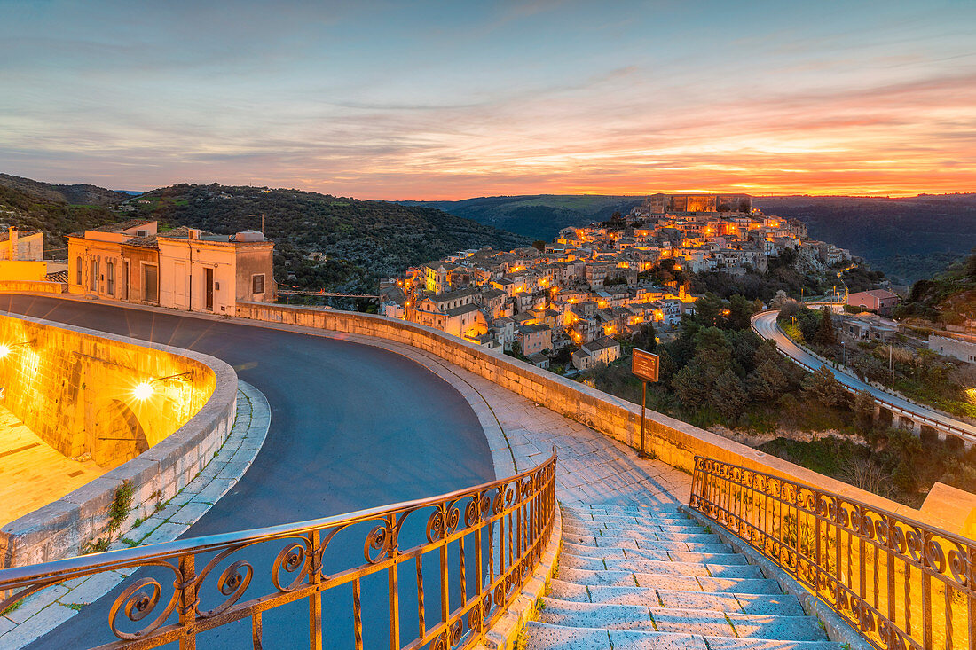 The enchanting hilltop town of Ragusa Ibla viewed from the stair of Santa maria delle Scale church, Ragusa, Sicily, Italy